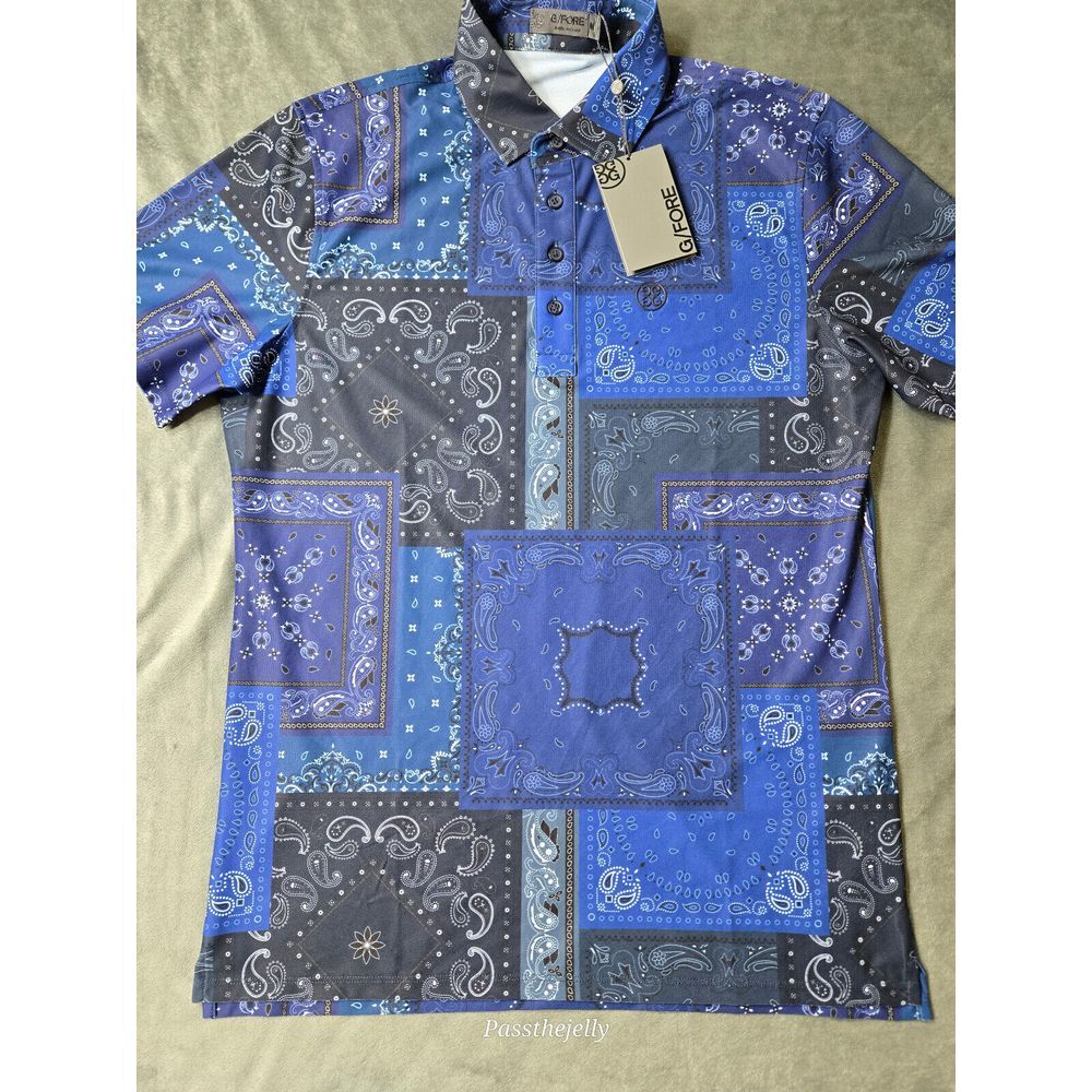 G Fore Polo Shirt Mens Medium Blue Paisley‎ Bandana Western Colorblock Geometric